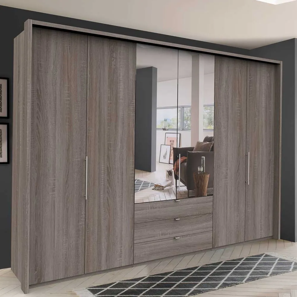 Wohnen Schränke|Kleiderschränke*300 cm breiter Falttürenschrank in Holzoptik dunkel - Riding