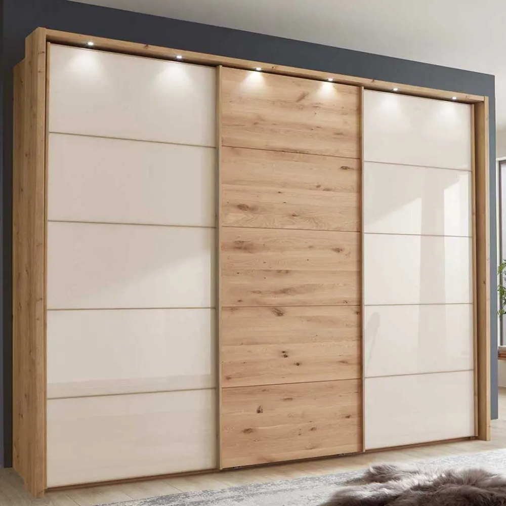 Wohnen Schränke|Kleiderschränke*300 cm breiter Schwebetürenschrank mit Glas Beige - Nikoba