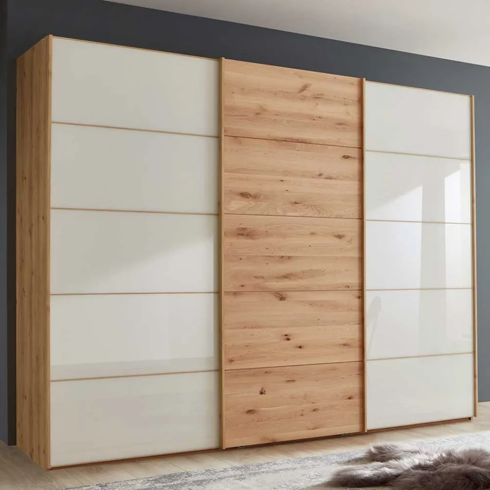 Wohnen Schränke|Kleiderschränke*300 cm breiter Schwebetürenschrank mit Glas Beige - Nikoba