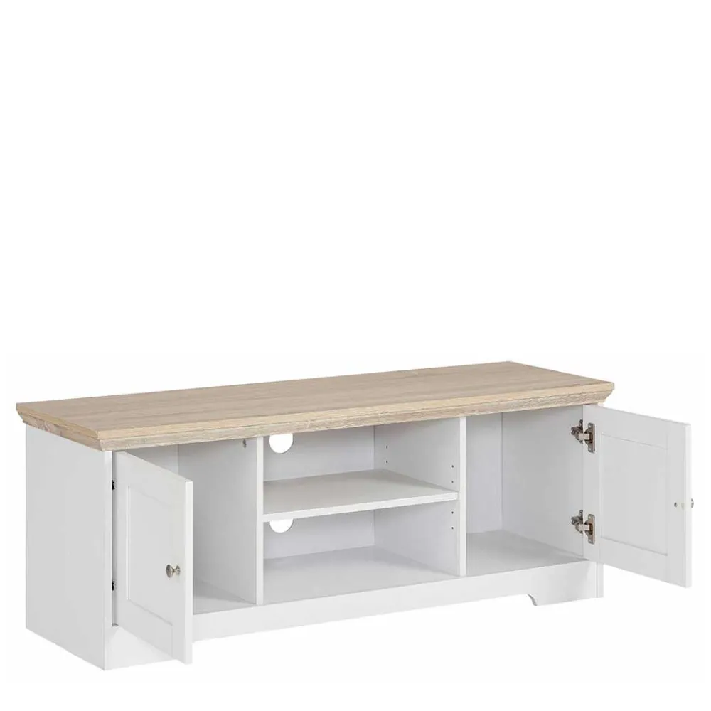 Wohnen Weiße Möbel|Landhausmöbel*120 cm langes TV Lowboard in Weiß & Eiche - Akedra