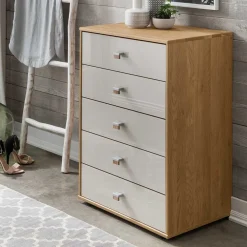 Wohnen 5 Schubladen Hochkommode mit Glasfront in Beige - Emdsiva I