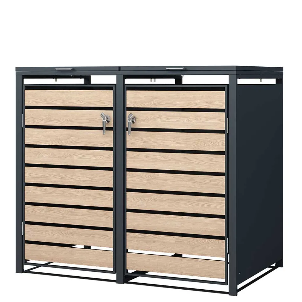 Wohnen Mülltonnenbox*2 Tonnen Mülltonnenbox in Anthrazit & Holzoptik - Rodicca