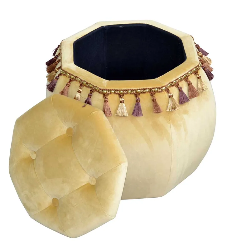 Wohnen Achteckiger Hocker mit Samt in Beige & Troddeln - Trashing