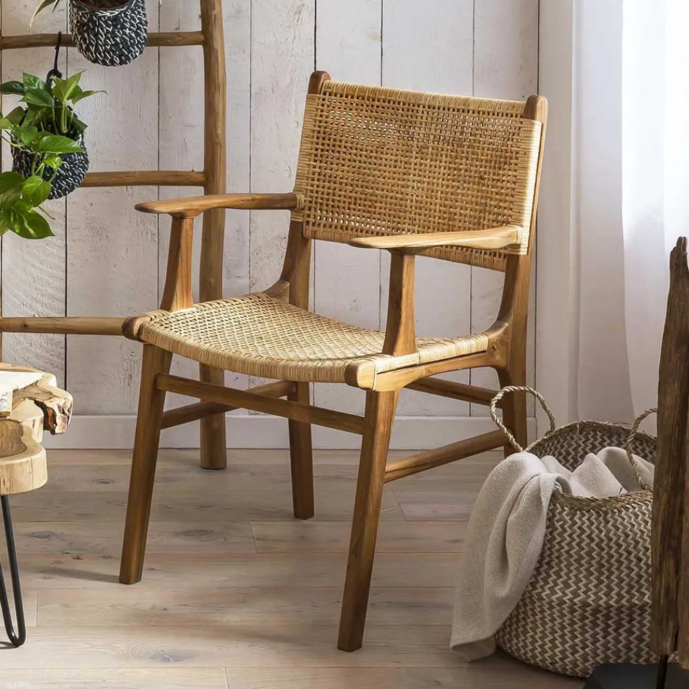 Wohnen Rattanmöbel|Wohnzimmerstühle*Armlehnstuhl aus Rattangeflecht & Teakholz - Casserra