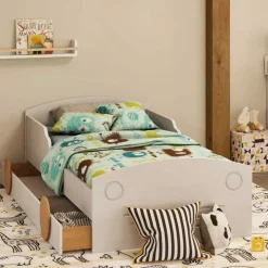 Kinder Wohnen Autobett mit Bettkasten in Weiß und Kiefer - Vision