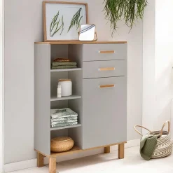Wohnen Bad Highboard in Platingrau und Eiche - Nienzo
