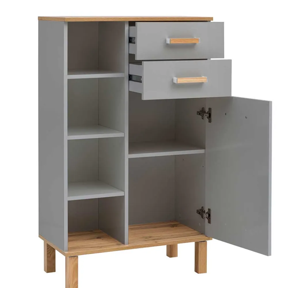 Wohnen Bad Highboard in Platingrau und Eiche - Nienzo