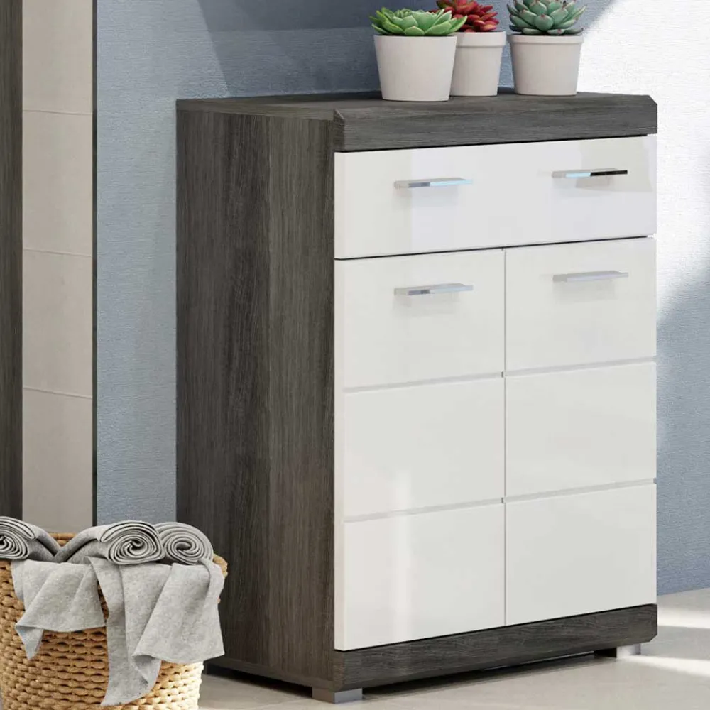 Wohnen Weiße Möbel|Badschränke*Bad Vertiko in Weiß Hochglanz & Grau - Nancys