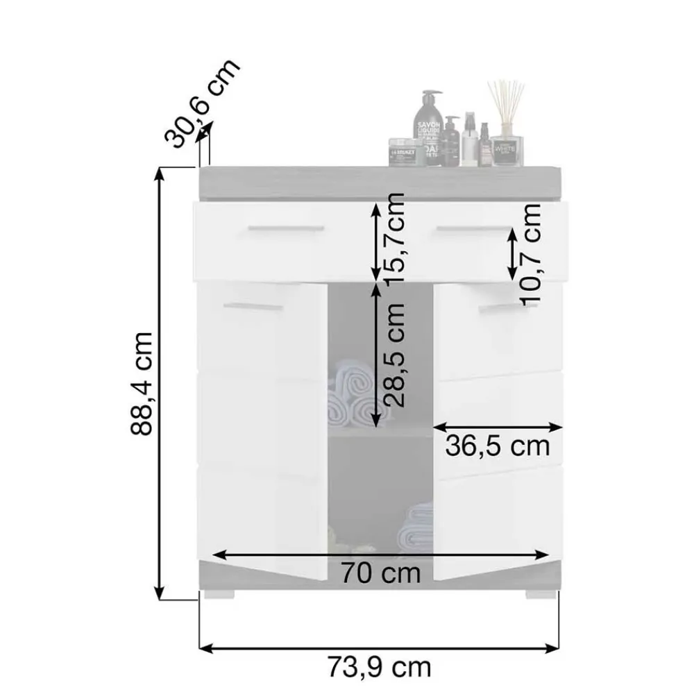 Wohnen Weiße Möbel|Badschränke*Bad Vertiko in Weiß Hochglanz & Grau - Nancys
