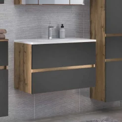 Wohnen Waschtisch|Waschbeckenunterschränke*Bad Waschtisch mit Becken in Grau & Holz Optik - Athrin