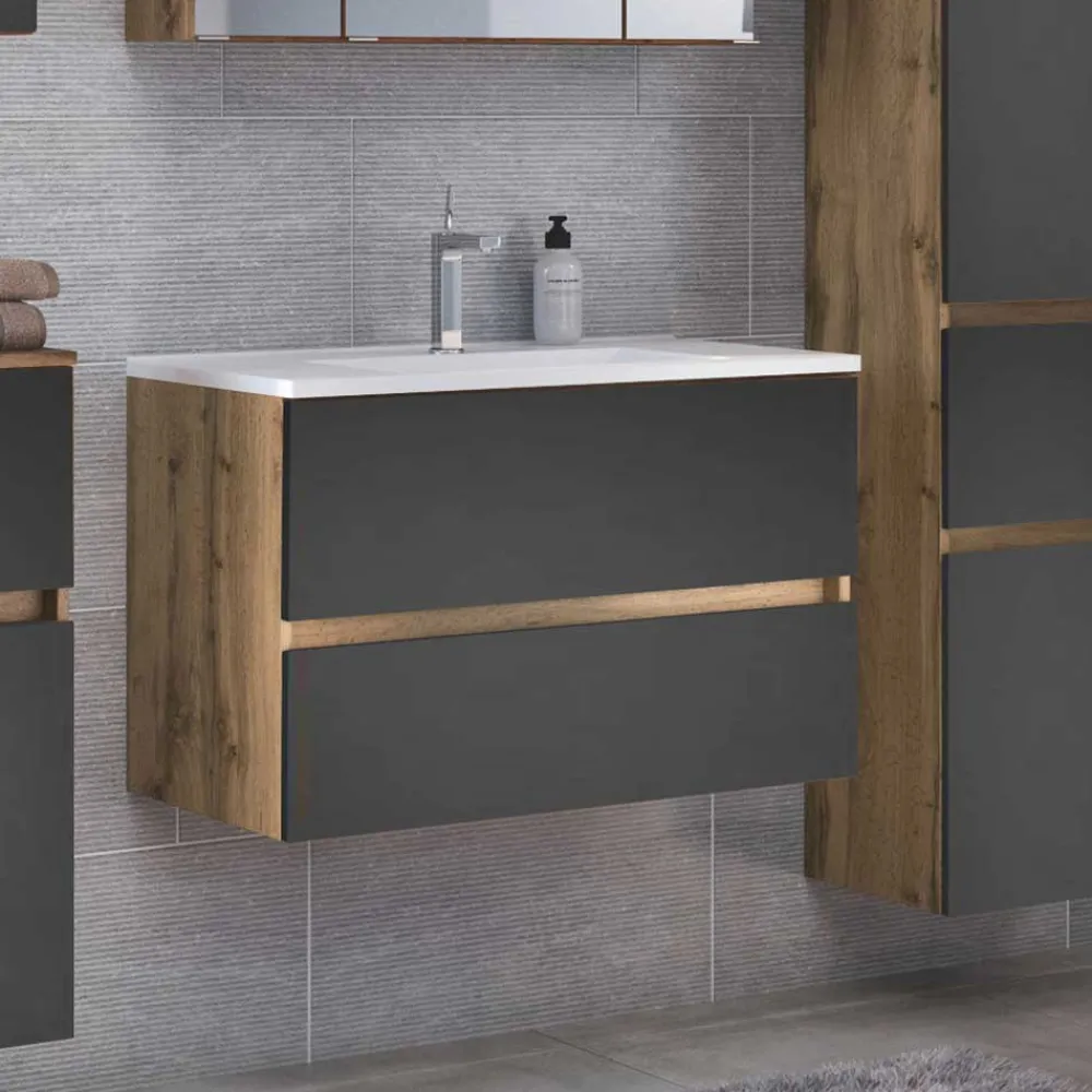 Wohnen Waschtisch|Waschbeckenunterschränke*Bad Waschtisch mit Becken in Grau & Holz Optik - Athrin