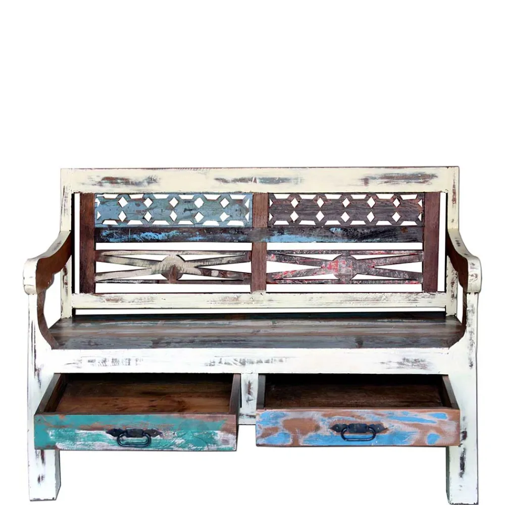 Wohnen Bank aus Altholz mit zwei Schubladen - Alisa