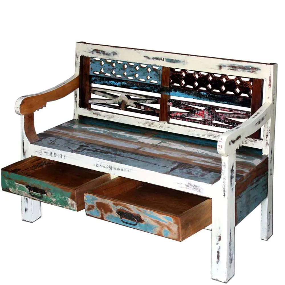 Wohnen Bank aus Altholz mit zwei Schubladen - Alisa