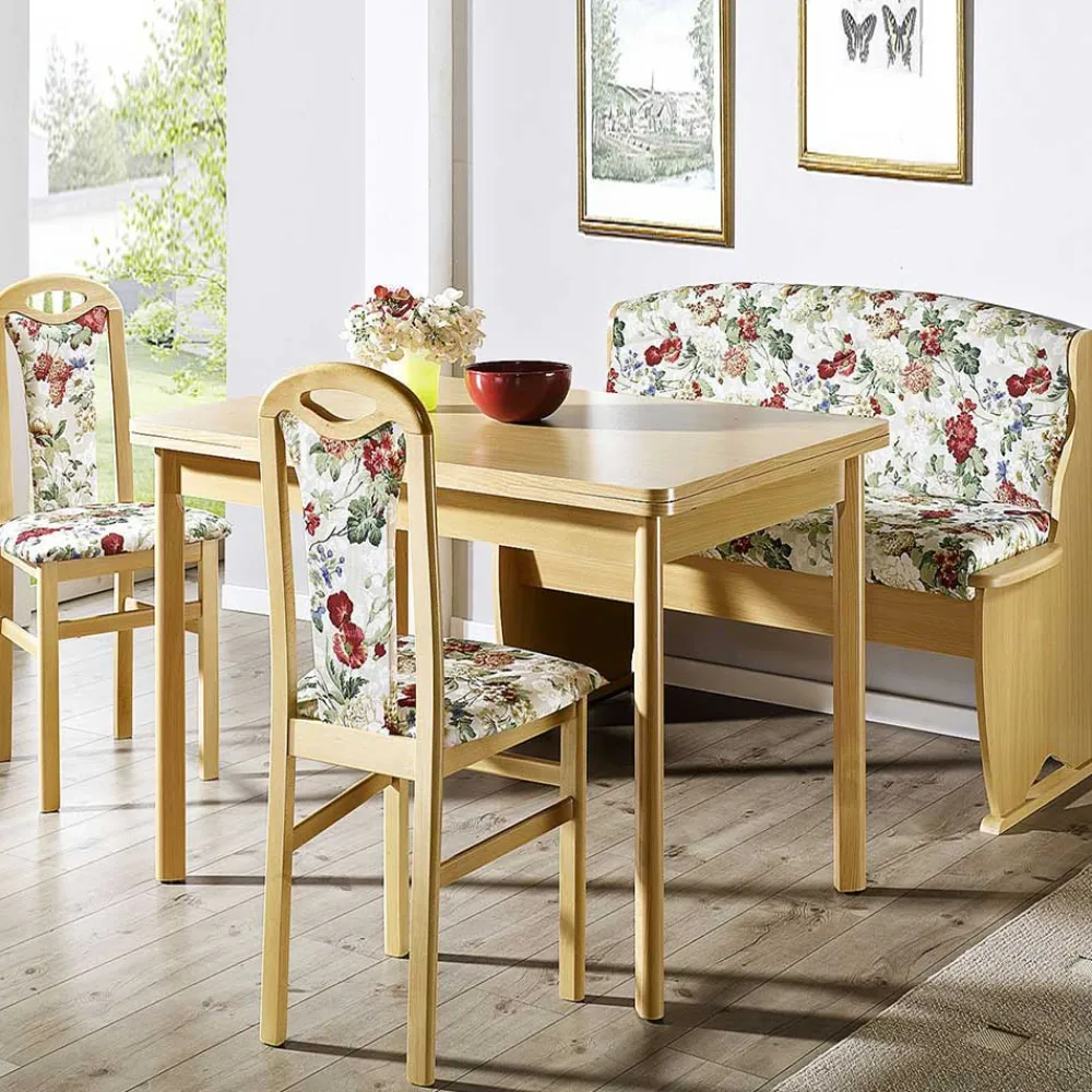 Wohnen Bankgruppe in Buche & Blumen Muster Stoff Apollo mit Ausziehtisch (vierteilig)