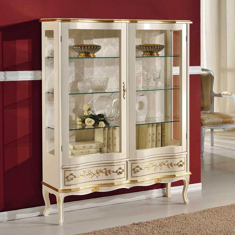 Wohnen Barock Design Vitrine in Weiß & Gold - Iviada