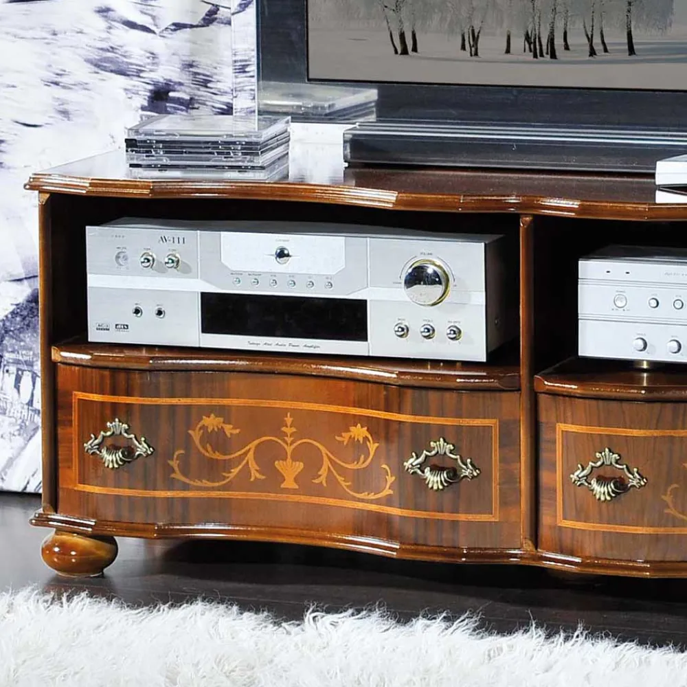 Wohnen Barock Möbel*Barock TV Board in Nussbaum Agosto mit 2 Schubladen