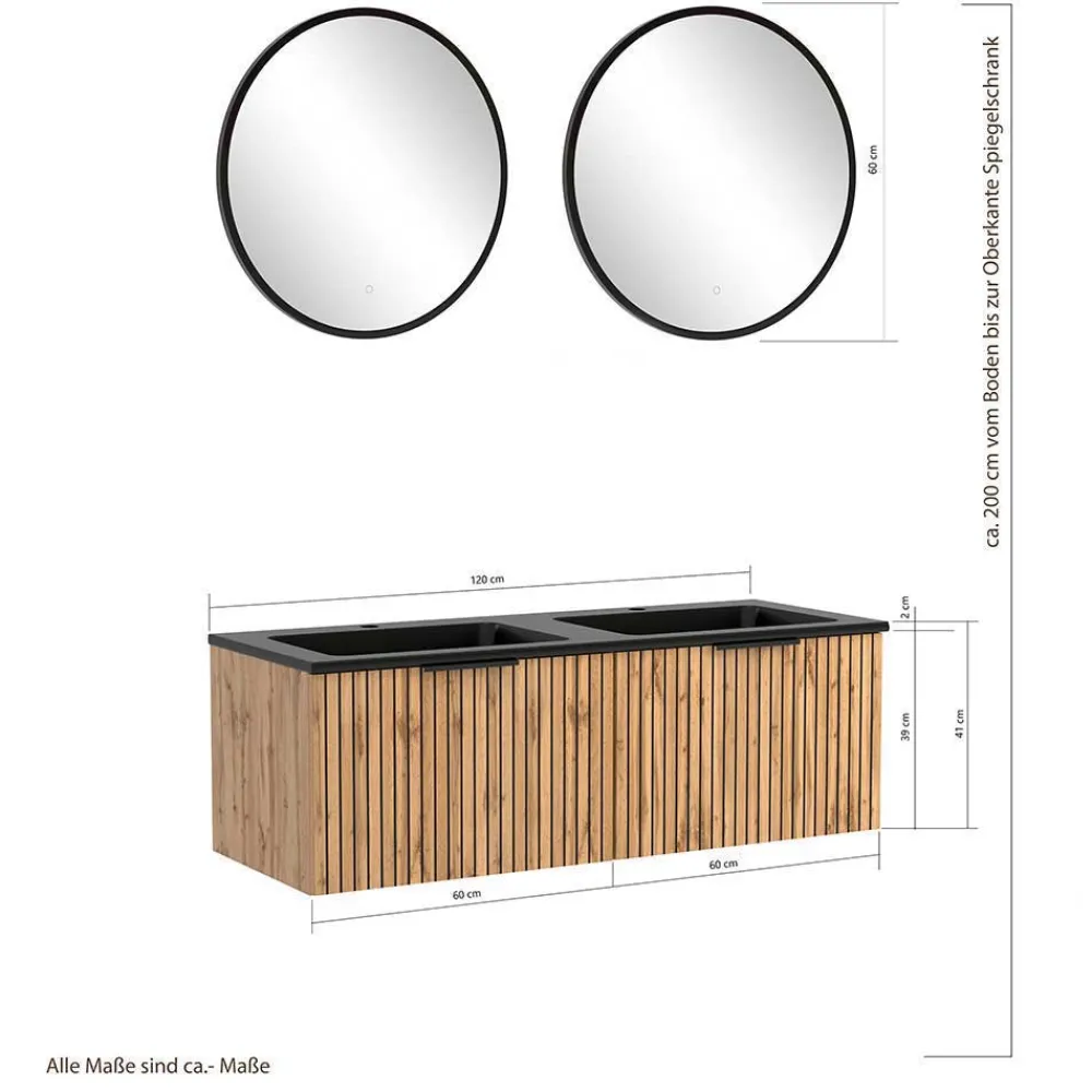 Wohnen 2-Becken Waschtisch im Set modern - Crystoga (vierteilig)