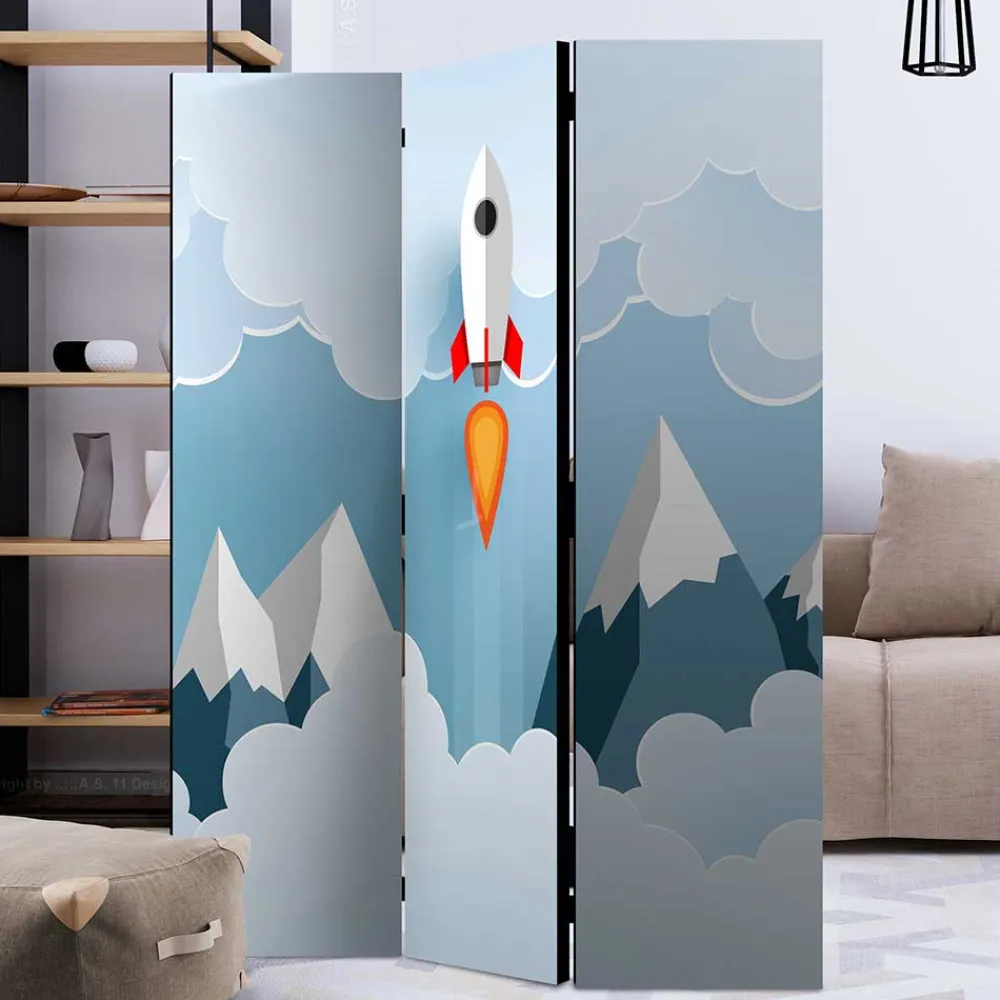 Kinder Wohnen Bedruckter Paravent mit Rakete & Berglandschaft - Kayonar