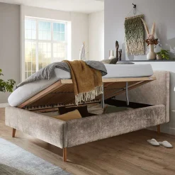 Wohnen Jugendbetten*Beigefarbenes Polsterbett mit Bezug aus Boucle - Tudan