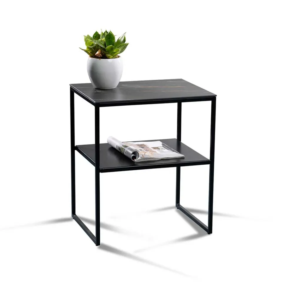 Wohnen Telefontische*Beistelltisch mit Ablage in Schwarz Marmor Optik - Eila