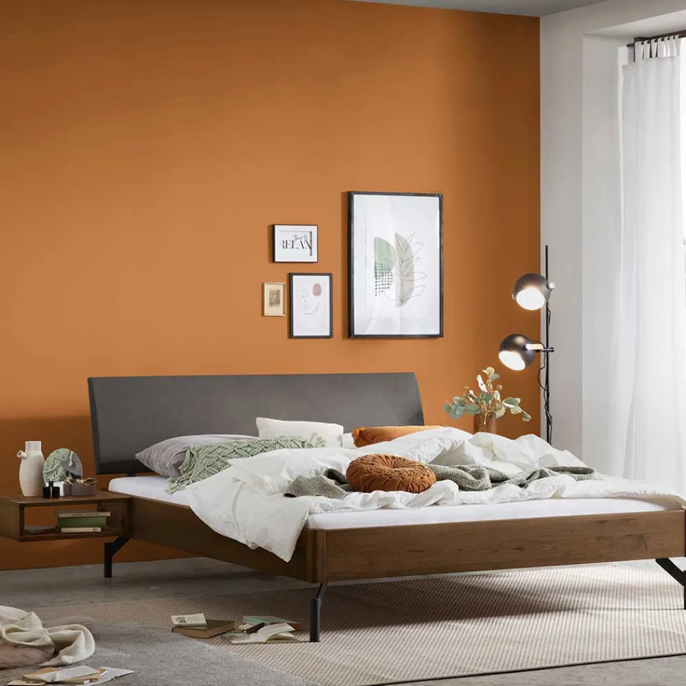 Wohnen Braune Möbel|Betten*Bett in Nussbaum Braun & Anthrazit - Ayero (dreiteilig)