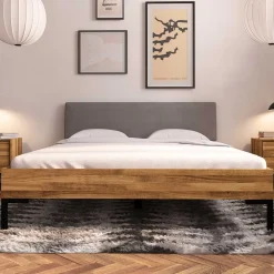Wohnen Bett mit Wildeiche Rahmen & Polsterkopfteil in Grau - Kerfa