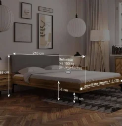 Wohnen Bett mit Wildeiche Rahmen & Polsterkopfteil in Grau - Kerfa