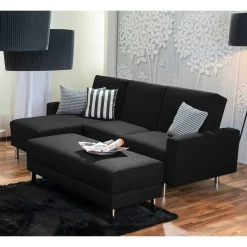 Wohnen Graue Möbel|Schwarze Möbel*Bettsofa mit Hocker in Schwarz mit Chrom - Farella (zweiteilig)