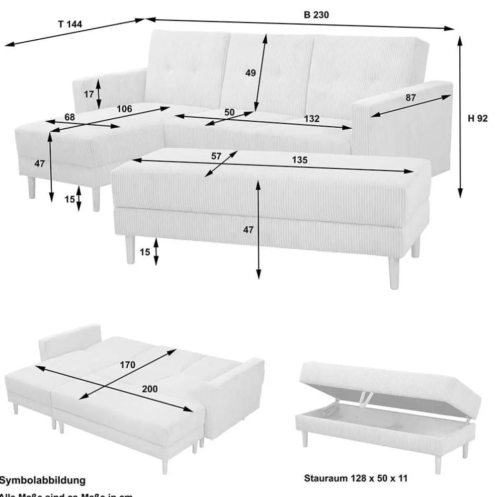 Wohnen Graue Möbel|Schwarze Möbel*Bettsofa mit Hocker in Schwarz mit Chrom - Farella (zweiteilig)