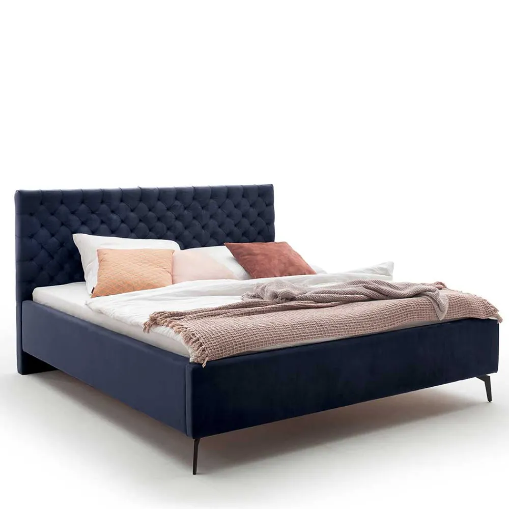 Wohnen Blaues Stauraumbett mit Chesterfield Kopfteil - Lani