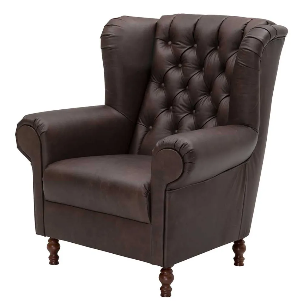 Wohnen Sessel|Chesterfield Möbel*Brauner Federkernsessel mit Lederbezug - Chesterfield - Esmea