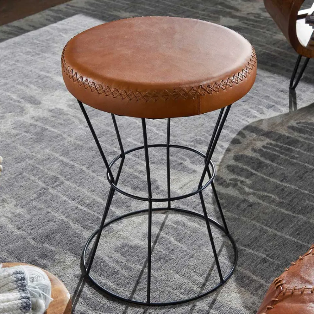 Wohnen Sessel & Hocker|Barhocker*Brauner Lederhocker mit rundem Sitz - Cintago