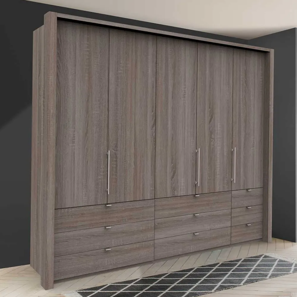 Wohnen Breiter Kleiderschrank in Eiche Dunkel - Crenba