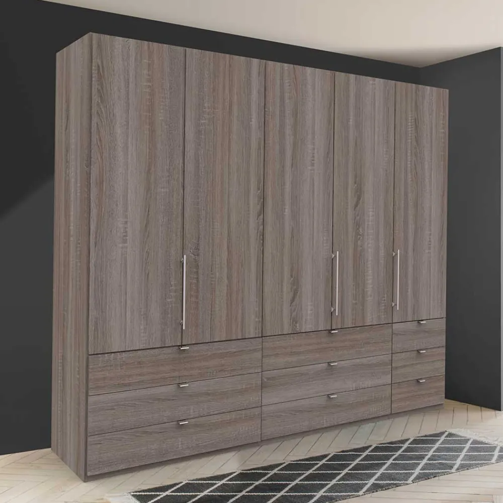 Wohnen Breiter Kleiderschrank in Eiche Dunkel - Crenba