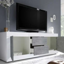 Wohnen Breites TV Board in Weiß HG & Betonoptik - Narandu