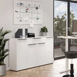 Wohnen Weiße Möbel|Küchenschränke*Büro Highboard in Weiß mit schwarzen Griffen - Sparkle