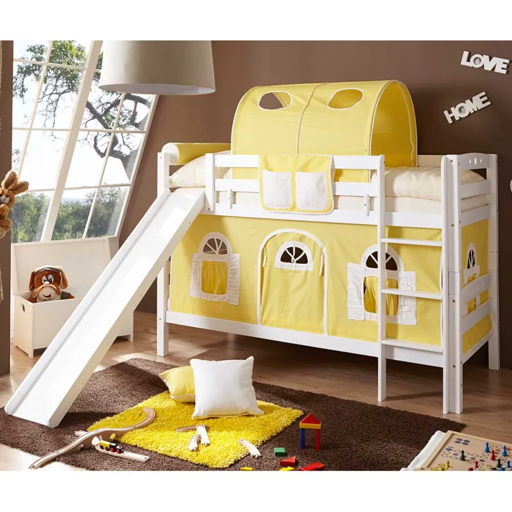 Kinder Wohnen Buche Doppelhochbett in Weiß & Gelb - Linus