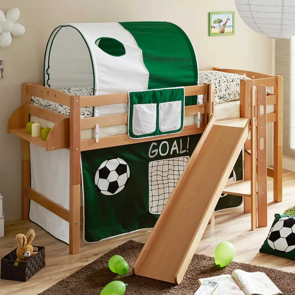 Kinder Wohnen Buche Hochbett mit schräger Rutsche - Mazarena