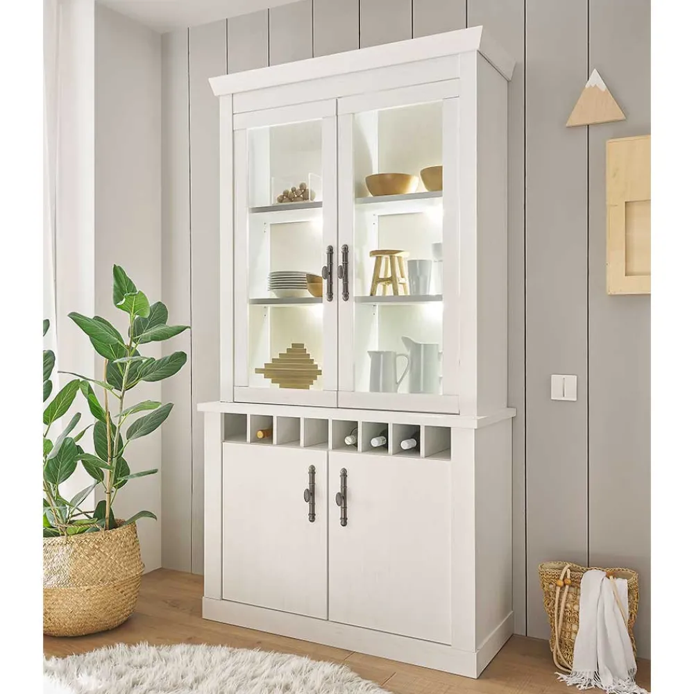 Wohnen Küchenschränke|Esszimmer-Vitrinen*Buffet Vitrine in weißer Holzoptik Pinie - Liancos