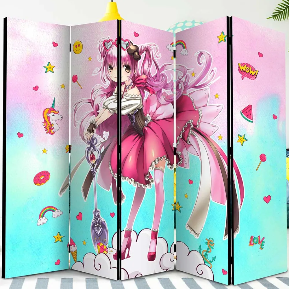 Kinder Wohnen Bunter Paravent mit Manga Mädchen Motiv - Vinales