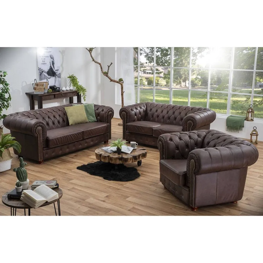 Wohnen Chesterfield Möbel|Sitzgruppe*Chesterfield Polstergruppe aus Leder - Pluna (dreiteilig)