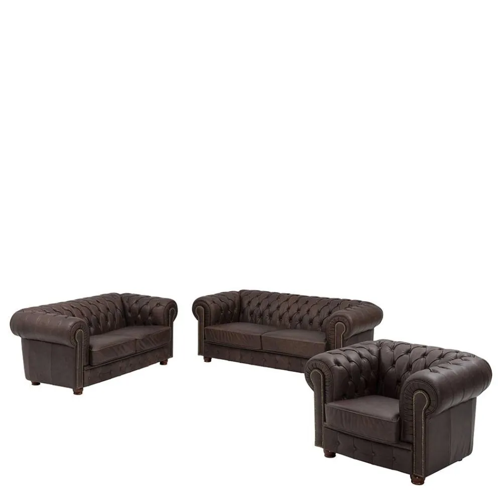 Wohnen Chesterfield Möbel|Sitzgruppe*Chesterfield Polstergruppe aus Leder - Pluna (dreiteilig)