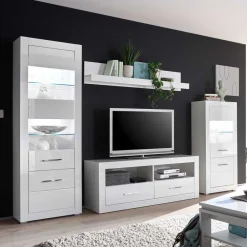 Wohnen 280cm breite Schrankwand in Weiß Hochglanz Yulis optional mit LED (vierteilig)