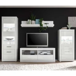 Wohnen 280cm breite Schrankwand in Weiß Hochglanz Yulis optional mit LED (vierteilig)