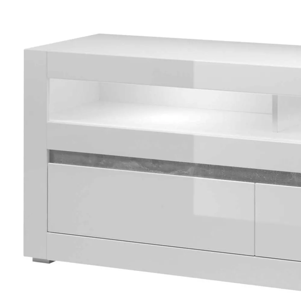 Wohnen 150cm breites TV Board in Hochglanz Weiß Mextra mit Beton Dekor