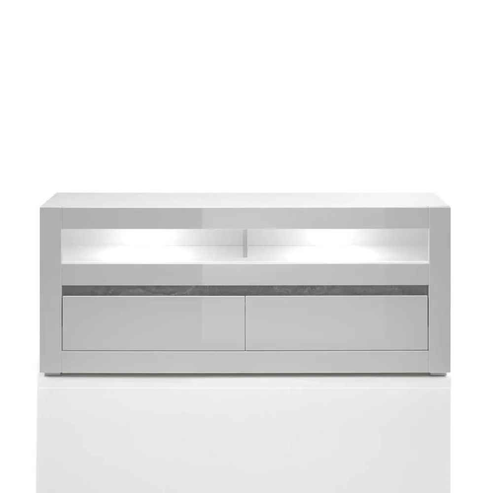 Wohnen 150cm breites TV Board in Hochglanz Weiß Mextra mit Beton Dekor