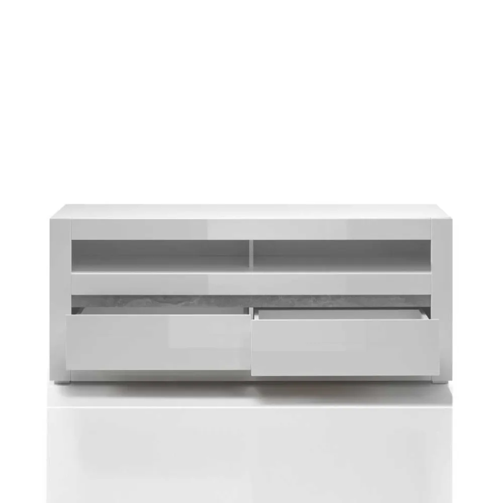 Wohnen 150cm breites TV Board in Hochglanz Weiß Mextra mit Beton Dekor