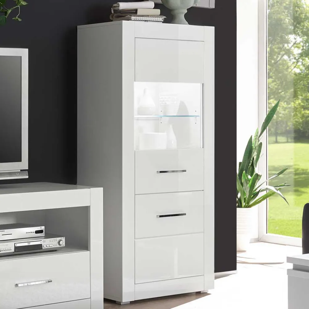 Wohnen 142cm hohe Vitrine in Hochglanz Weiß Yulis 2-türig mit Glaseinsatz