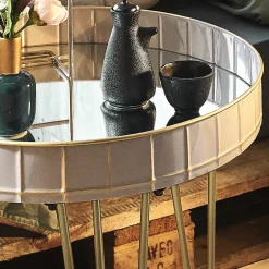 Wohnen Designermöbel*51cm runder Beistelltisch mit Spiegelglas - Safira