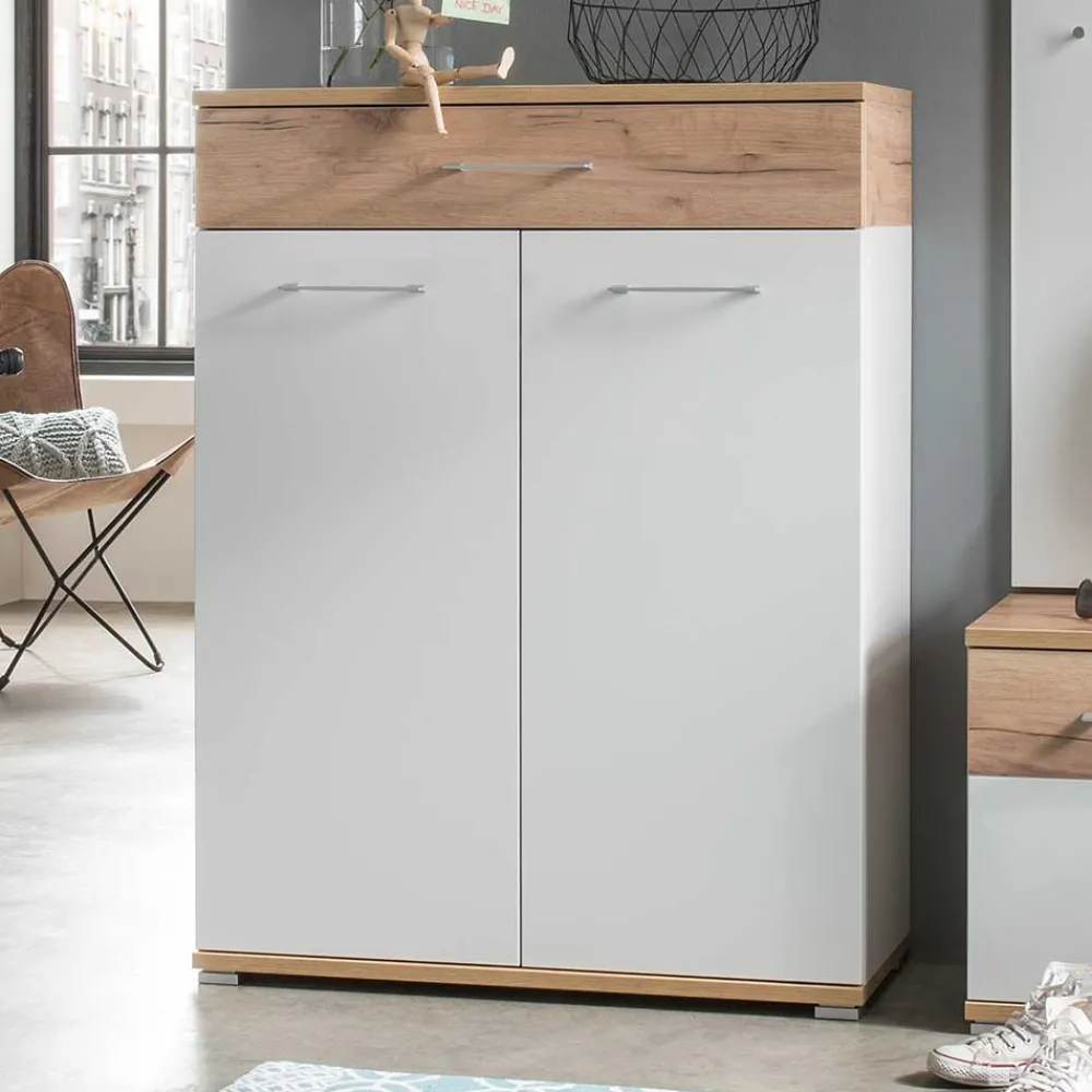 Wohnen Schuhschränke*89cm Schuh-Kommode in Weiß & Eiche - Vicanossa